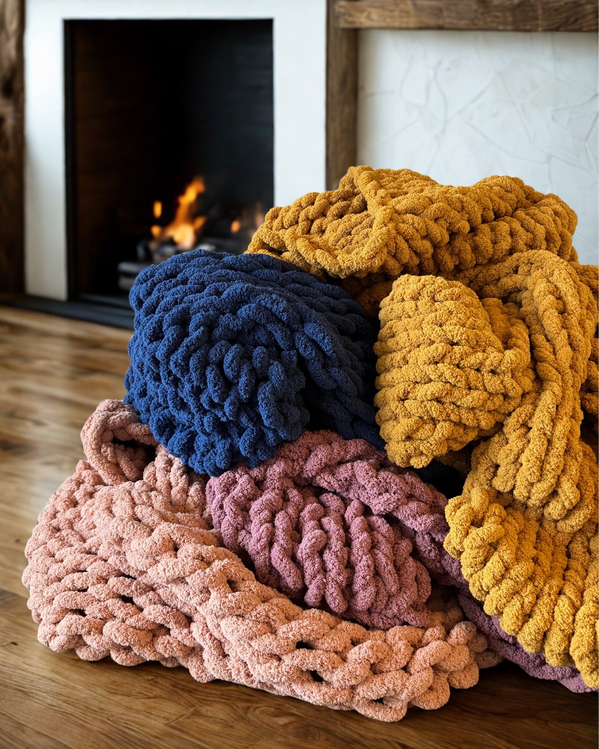 A pile of chunky blankets in mustard, navy, blush and mauve in front of a fireplace.