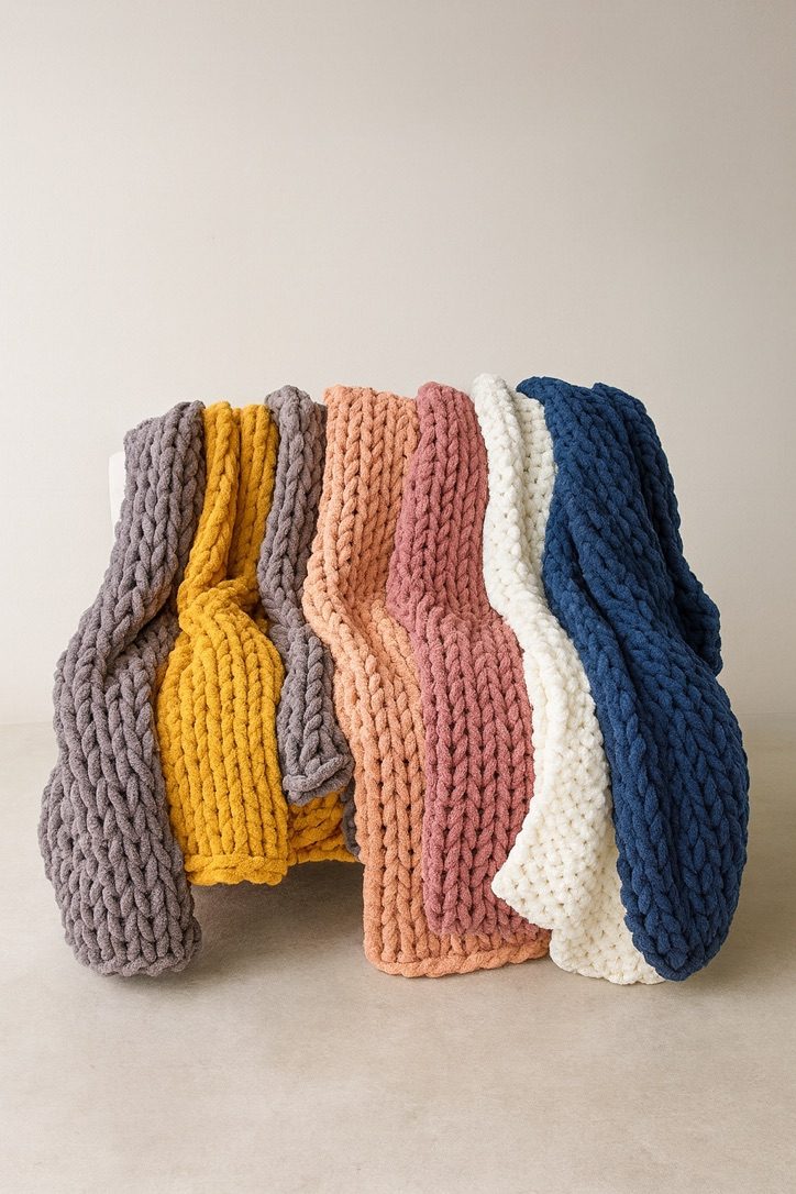 A line of large chunky-knit blankets in grey, mustard, peach, dusty rose, ivory and navy.