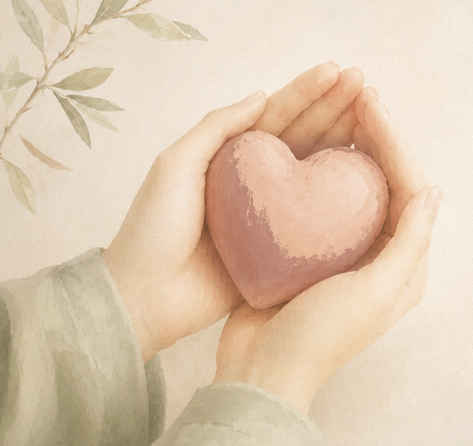 Two hands cradling a small rose heart